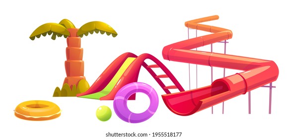 Aquapark objects set. Modern amusement water park attractions slides, inflatable swimming rings and ball with palm tree isolated playground equipment for kids entertainment, Cartoon vector clipart