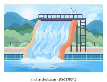 Aquapark outdoor surroundings. Water slides and pool. Summertime vacation entertainment. Resort amusement, active water recreation. Flat vector illustration