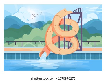 Aquapark outdoor surroundings. Water slides and pool. Summertime vacation entertainment. Resort amusement, active water recreation. Flat vector illustration