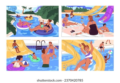 Aquapark set. Family with kids rest in water park. People relax on inflatable circle, lifebuoy in swimming pool, slide on waterslides, playing with ball, sunbathing. Summer flat vector illustration