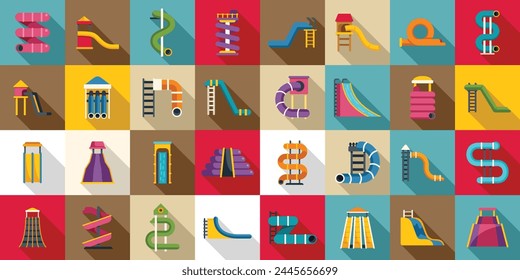 Aquapark slide icons set flat vector. Water fun. Recreation summer park