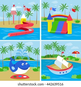 Aquapark with slides for family and children. (vector illustration, flat concept)