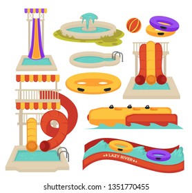 Aquapark swimming pool slides and inflatable ring water attractions vector isolated objects spiral tube and lazy river banana and ball summer entertainment activity and having amusement park pipe