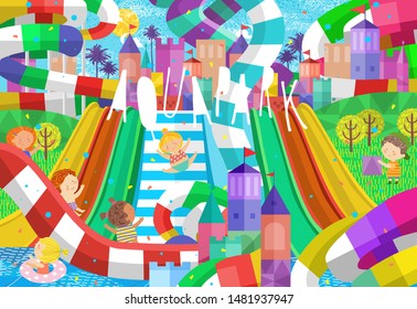 Aquapark. Vector illustration of children on a water slide. Drawings of playing bathing and swimming girls and boys for background, poster and banner.
