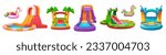 Aquapark water slide vector icon illustration. Inflatable waterslide with pool cartoon summer bouncy set. aquatic summer amusement with castle, unicorn and frog slider equipment graphic collection