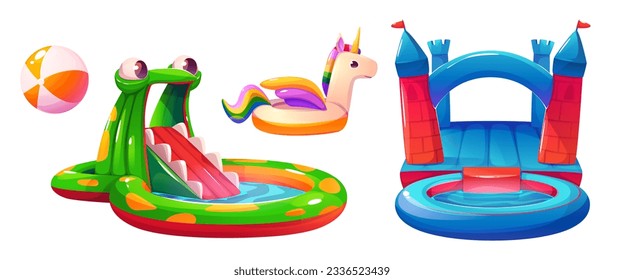 Wasserrutsche Aquapark, Vektorsymbol. Aufblasbare Wasserrutsche mit Schwimmbecken Cartoon Sommer Bouncy Set. Wassersommer-Unterhaltung mit Grafik-Sammlung von Burg, Einhorn und Frosch