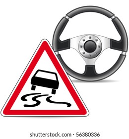 aquaplaning sign and steering wheel - vector illustration