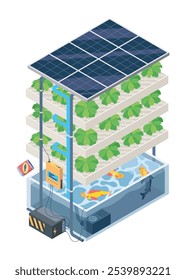 Aquaponic farming isometric. Future plant food production and fish farming. Modern aeroponic or hydroponics smart farm. Suitable for diagrams, presentation, game asset and other