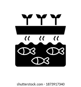 Aquaponics black glyph icon. Fish tank with water. Drain drip to tunk for nourishment. Hydroponic production. Agricultural business. Silhouette symbol on white space. Vector isolated illustration