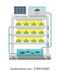 Aquaponics icon in flat style - vertical farming system combining hydroponic plant cultivation with fish water circulation. Sustainable food production and closed loop agriculture technology.