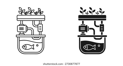 Sistema de acuaponía con peces y plantas en dos esquemas de color diferentes agua