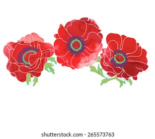 Aquarelle Anemone flowers, three flowers with leaves form a headgear, watercolor vector design