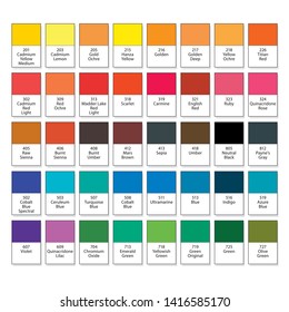 Aquarelle basic palette, Artistic paint set N°40. 
Main watercolor essential pigment samples with catalogue swatch numbers and names (on English).