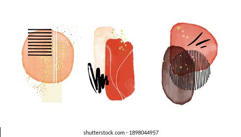 Aquarelle classic shapes. Red contrast vector Scandinavian decorative cover stain painting, watercolor blobs, circle frames, logo template, social media decoration. Scandinavian minimalistic shapes