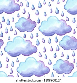 Aquarelle pattern with clouds and rain. Watercolor autumn seamless background.