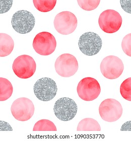 Aquarelle pink seamless pattern with dots and circles.