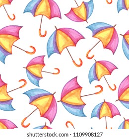 Aquarelle seamless pattern with umbrellas. Watercolor autumn background.