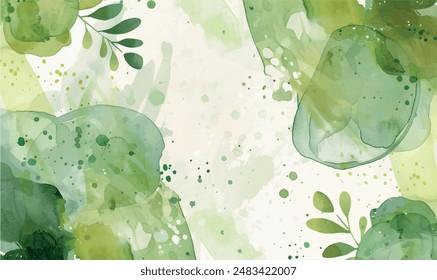 Aquarelle soft blurred boho background with space for text in green colors, with leaves	