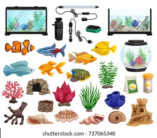 Aquaristics cartoon set with aquarium fishes corals stones seaweeds seashells and aquarium tanks of different shapes vector illustration