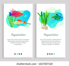 Aquaristics floating fish vector, seaweed oceanic and seawater with flora and foliage, stone and animals marine life, sealife fauna of underwaters. Website or slider app, landing page flat style