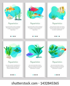 Aquaristics tropical and exotic fish vector, seaweed and marine life flora and fauna. Floral decor and animals diversity, aquatic dwellers. Multicolored fish swim in an aquarium. Website or slider app