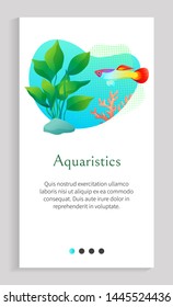 Aquaristics vector, fish in sea water swimming along stones with foliage of green seaweed and flora of underwater, aquarium with decoration. Website or app slider template, landing page flat style