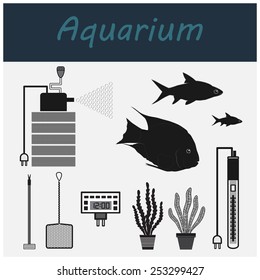 Aquarium.  Accessories , tools and fish . Vector icons.
