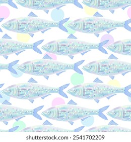 Aquário com peixe azul. Fundo sem costura para tecidos, têxteis, embalagens e papel de parede. Colheita de peixes de aquário. Desenho decorativo de peixe. Ilustração vetorial