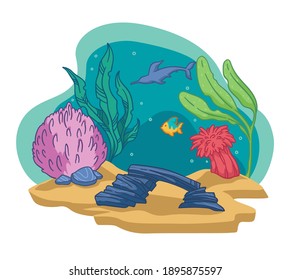 Aquarium or bottom of sea or ocean, fish and weed