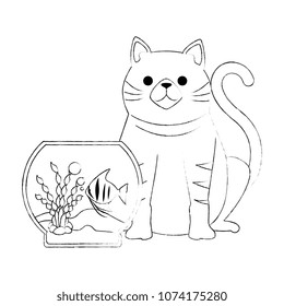 aquarium bowl with colors fish and cat