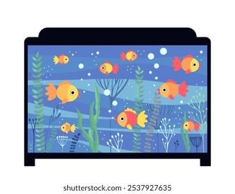 Aquarium with bright fish swimming among seaweeds