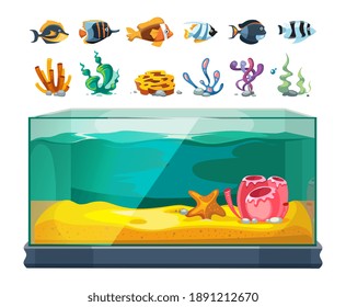 Paquete acuario. Peces, algas y corales exóticos. Cubo de agua de vidrio para dibujos animados, elementos de vectores aislados de la marina o submarinos