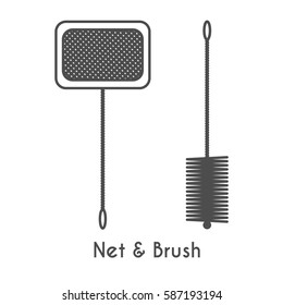 Aquarium care outline vector. Net, brush in linear style in linear style. For announcement, flyer, banner, advertisement