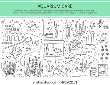 Aquarium care. Vector horizontal banner template. Fish and decoration, water tanks, plants and special equipment. For banners and posters, cards, brochures and souvenirs, invitations, website designs.