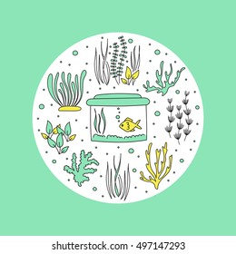 Aquarium care. Vector round banner template. Fish and decoration, water tanks, plants and special equipment. For posters, cards, brochures and souvenirs, invitations, website and pet shop designs.