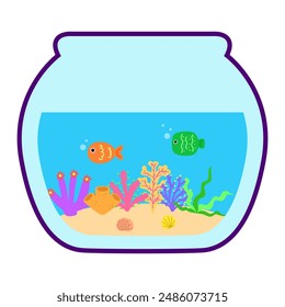 Aquarium cartoon. Cartoon aquarium glass bowl. Marine day, aquarium glass bowl and fish. Digital art illustration.