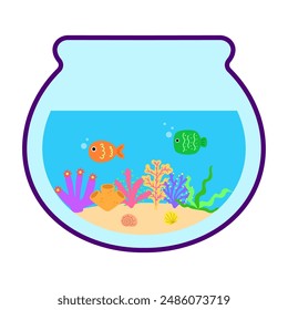 Aquarium cartoon. Cartoon aquarium glass bowl. Marine day, aquarium glass bowl and fish. Digital art illustration.