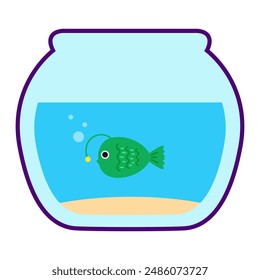 Aquarium cartoon. Cartoon aquarium glass bowl. Marine day, aquarium glass bowl and fish. Digital art illustration.