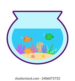 Aquarium cartoon. Cartoon aquarium glass bowl. Marine day, aquarium glass bowl and fish. Digital art illustration.