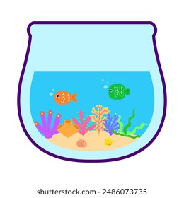 Aquarium cartoon. Cartoon aquarium glass bowl. Marine day, aquarium glass bowl and fish. Digital art illustration.