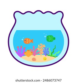 Aquarium cartoon. Cartoon aquarium glass bowl. Marine day, aquarium glass bowl and fish. Digital art illustration.