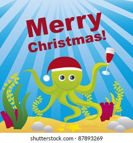 aquarium christmas with octopus, merry christmas. vector