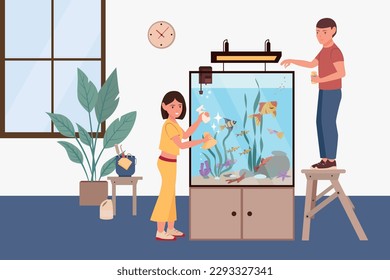 Aquarium clean care flat composition with woman and man wiping fish bowl glass and feeding fishes vector illustration