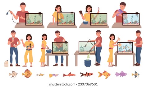 Aquarium clean care flat set with isolated icons of exotic fishes and people with aquarium equipment vector illustration