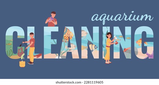 Aquarium clean care flat text composition with doodle human characters cleaning equipment and underwater fish scenery vector illustration