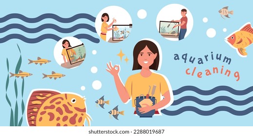 Composición del cuidado de limpieza acuario con colectores de íconos de peces planos ondas burbujas y doodle caracteres humanos ilustración vectorial