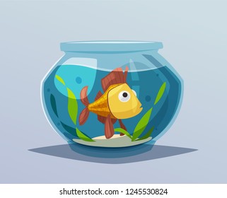 Aquarium with clear water. Cartoon vector illustration. Underwater world in round  aquarium. Domesticated pet
