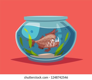 Aquarium with clear water. Cartoon vector illustration. Underwater world in round  aquarium. Freshwater fish. Domesticated pet