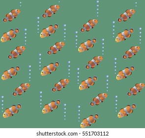 Aquarium. Clown fish. The pattern on the blue-green background. Colorful fish coral reef aquariums. Design for textiles, wrapping paper, napkins, background for the site.