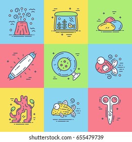 Aquarium colored line icons. Set of 9 items. A tank, fish and catfish Corydoras, volcano air pump, driftwood, lamp, feeding ring, rocks and scissors. Vector illustration for pet shop.